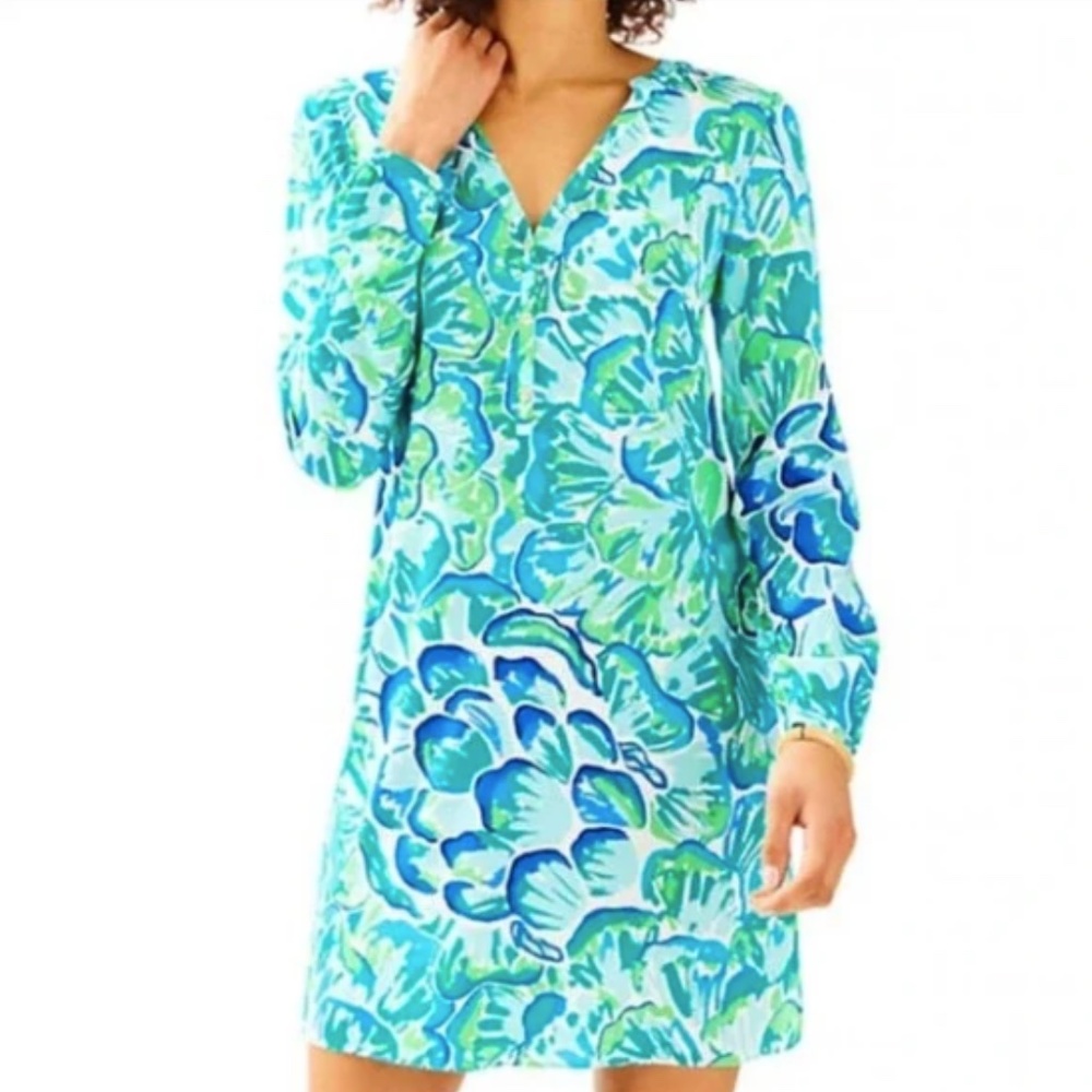 Lilly Pulitzer Delphine Stretch Silk Tunic Dress Agate Green Lazy River Large